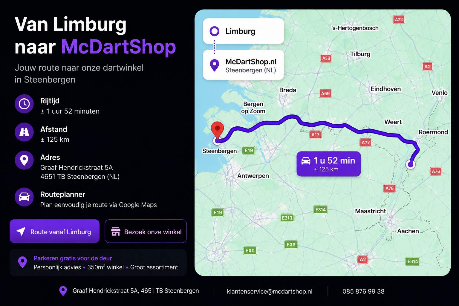 Route van Limburg naar McDartShop in Steenbergen