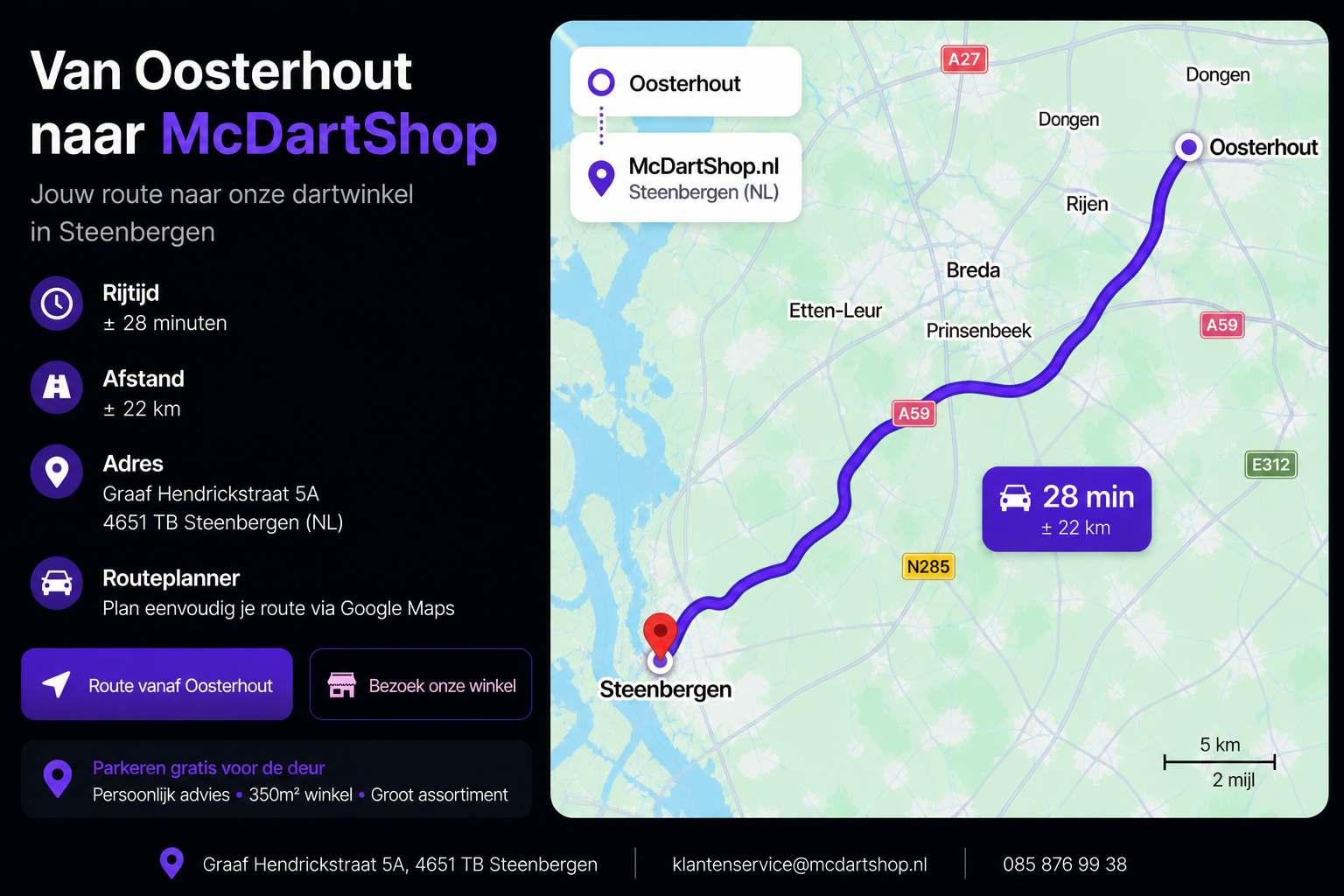 Route van Oosterhout naar McDartShop in Steenbergen