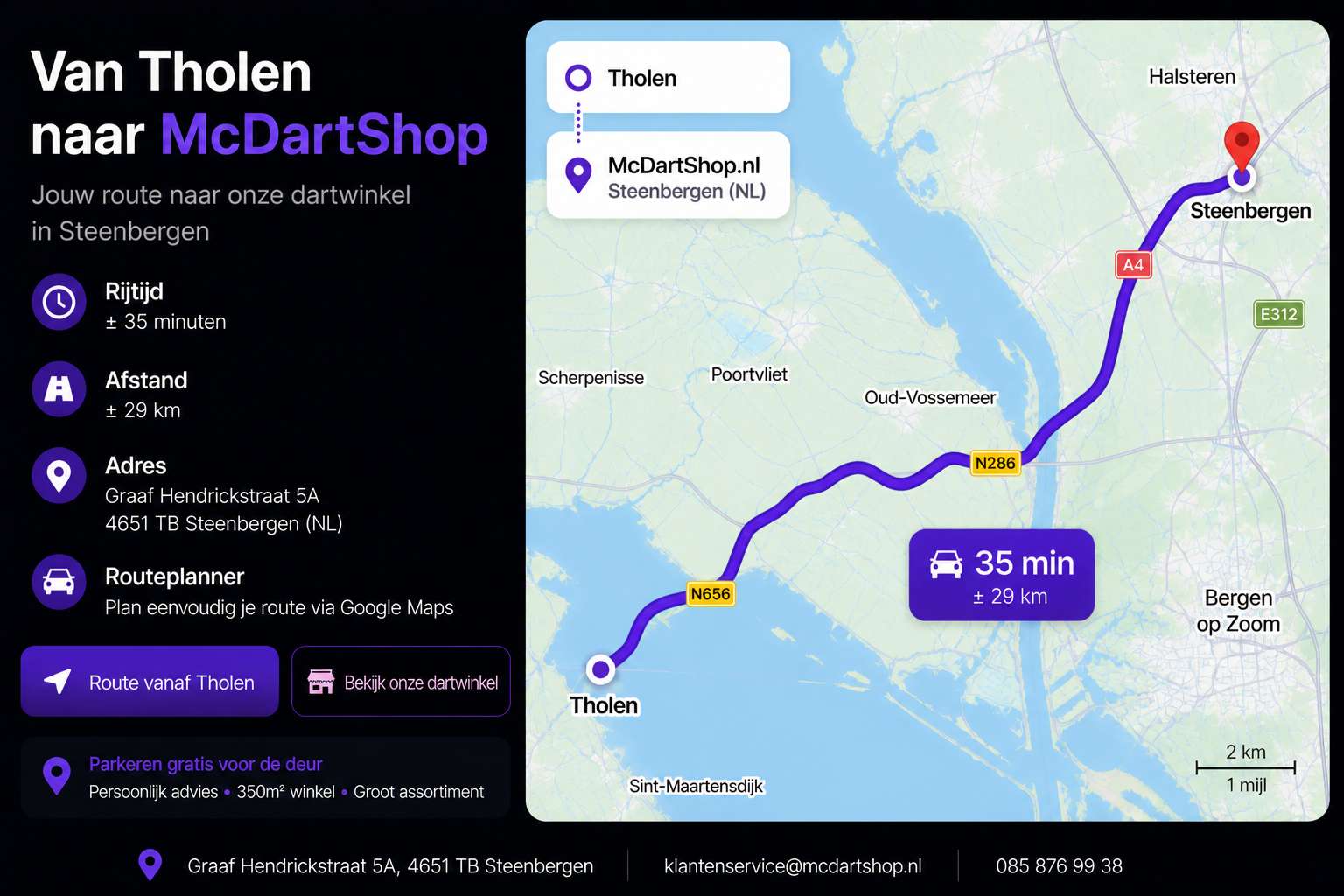 Route van Tholen naar McDartShop in Steenbergen