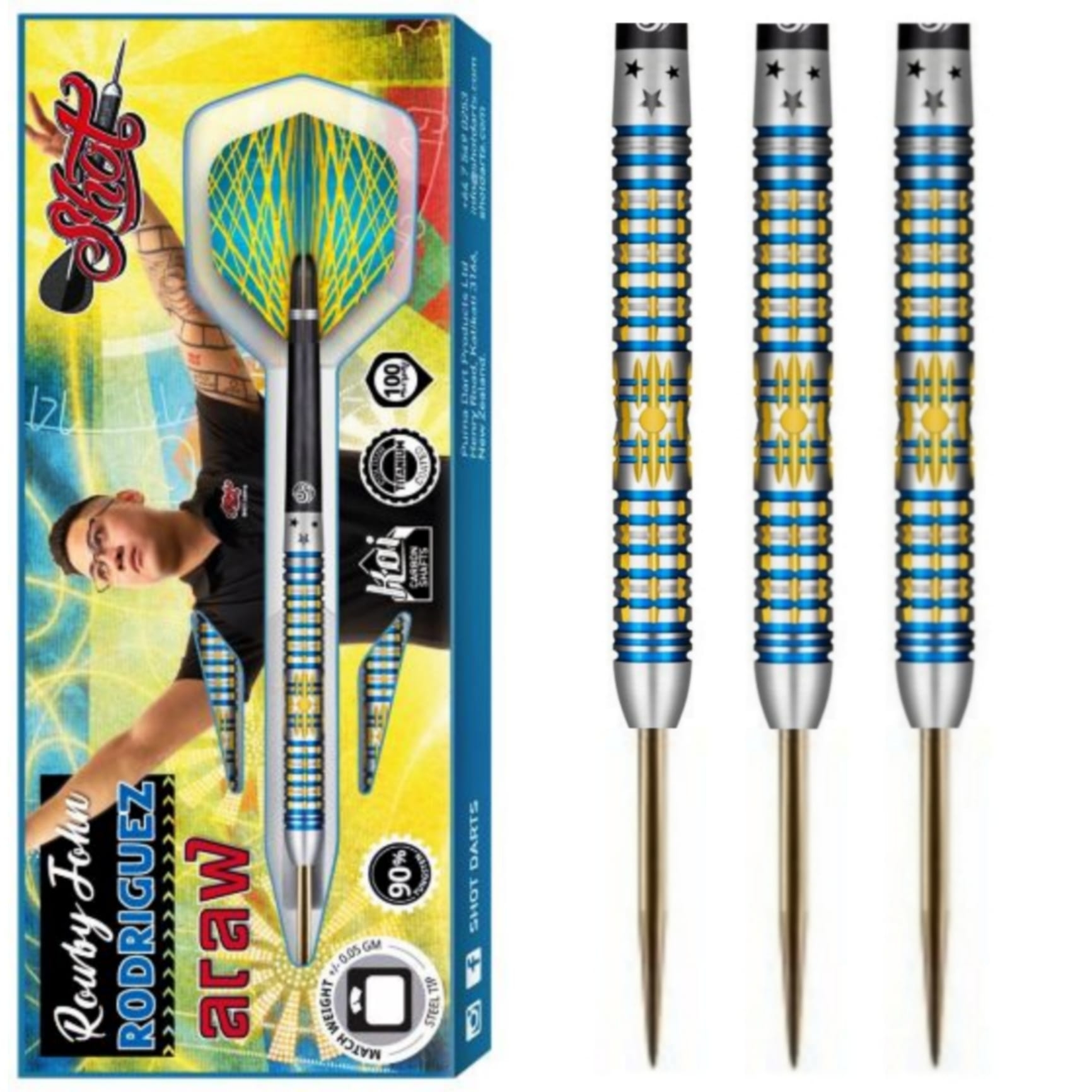 Of spreiding terug Shot Rowby-John Rodriguez Araw 90% Dartpijlen 21-22-23-24-25-26 Gram -  Mcdartshop.nl